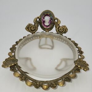 VINTAGE BRASS ORMOLU VANITY trinket Dish bowl frosted Glass CAMEO Guild Crest